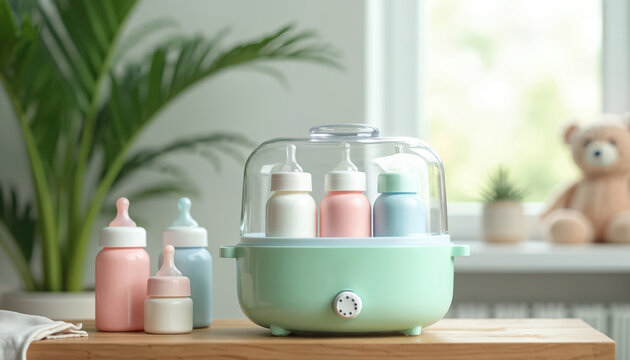 Baby bottle sterilizer in pastel green with clear dome, holding pastel pink white blue bottles. Includes pink blue white baby bottles on wooden surface. Modern baby care hygiene tool for organized
