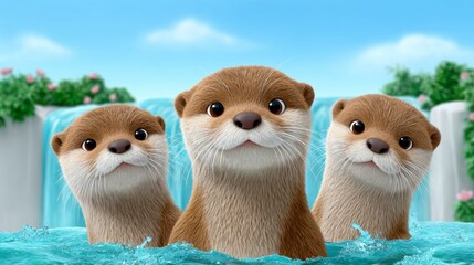 Playful otters enjoying a splash in a serene waterfall setting cartoon style vibrant environment close-up view