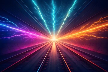 Futuristic train tunnel with colorful lightning streaks
