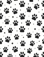 Fototapeta premium Seamless pattern features playful black dog paw prints on white background. Various sizes, orientations of paw motifs repeat, creating cute, adorable animal print design. Ideal for textiles,