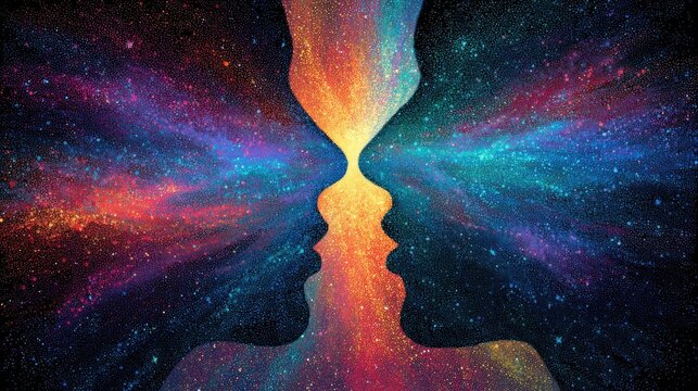 Eternal love shared by cosmic souls concept. Colorful abstract representation of connection and emotions.