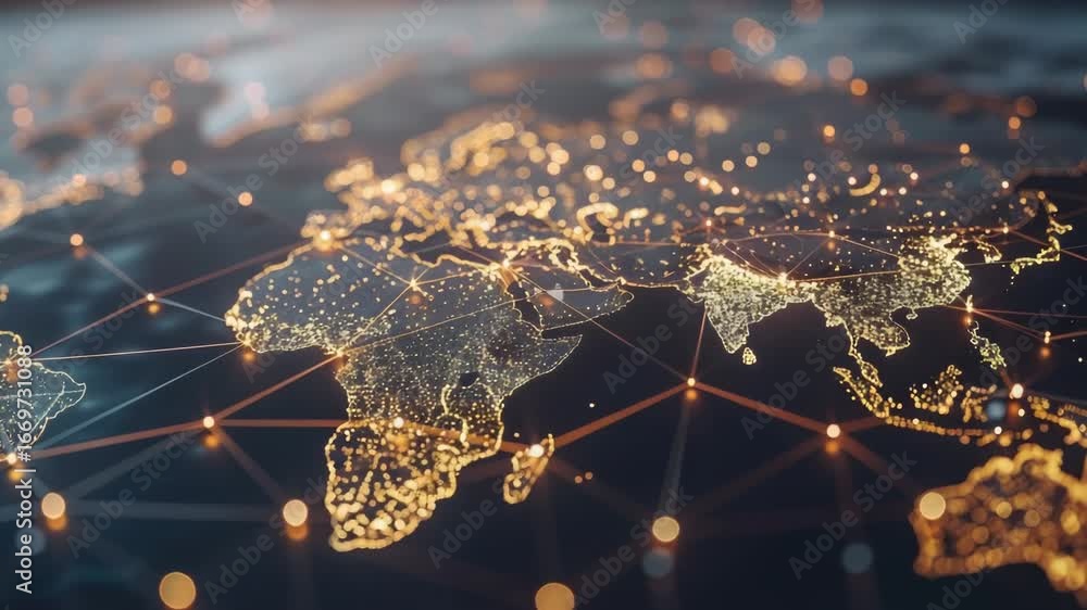 Poster map of the world with small glowing dots highlighting various locations