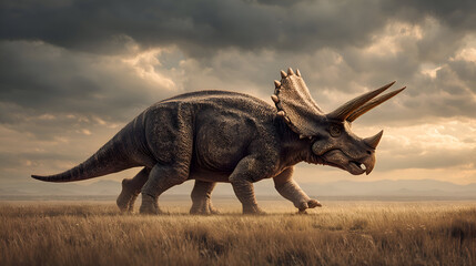 Fototapeta premium Majestic Triceratops roaming vast prehistoric landscape under dramatic, cloudy sky, evoking wonder and ancient times