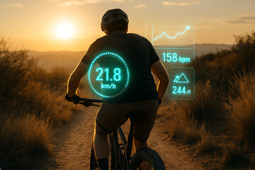 Mountain Biker with Holographic Performance Data at Sunset