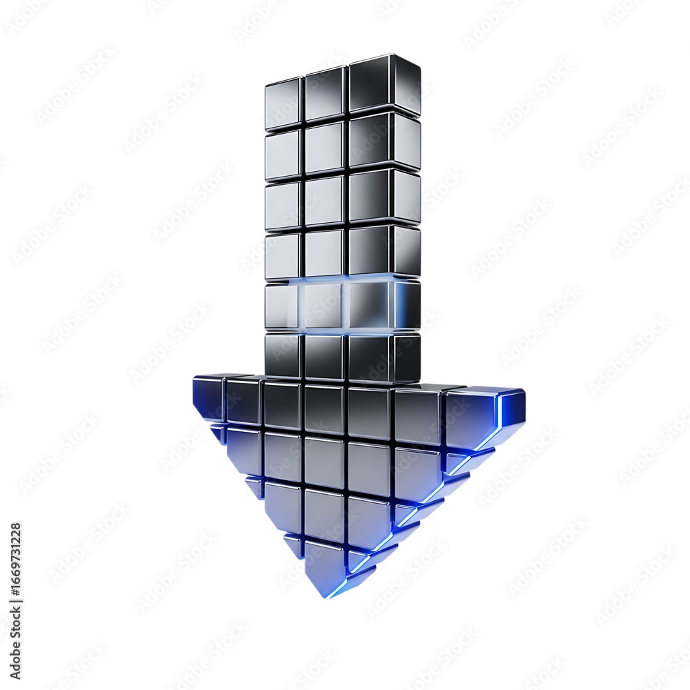 Poster modern 3d chrome arrow icon pointing downward with reflective surfaces and subtle blue glow isolated