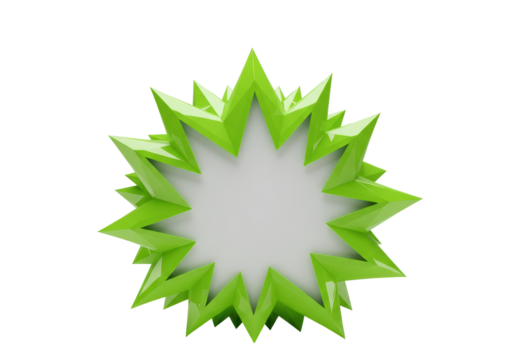 Isolated geometric bright green fractal shape, burst pattern with 3D geometric spikes design