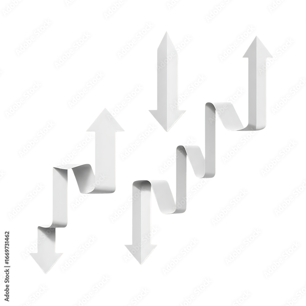 Poster modern white arrows zigzagging up and down against a contrasting surface isolated on transparent bac
