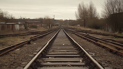 Fototapeta premium Empty railway tracks extending into a muted industrial landscape