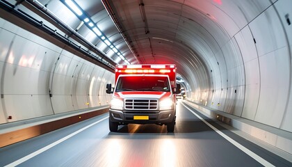 Fototapeta premium Emergency Response: A striking ambulance speeds through a tunnel, emergency lights flashing, showcasing rapid response and urgency.