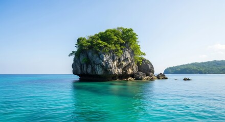 A tranquil, rocky islet stands in serene turquoise water, displaying a vivid blue sky above.