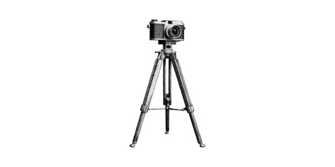 Vintage Camera Tripod Illustration. Retro Photography Equipment In Detailed Black And Design Isolated On Transparent Background