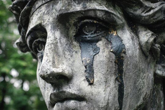 Crying Statue with Tear Streaks Conceptual Grief Art Closeup