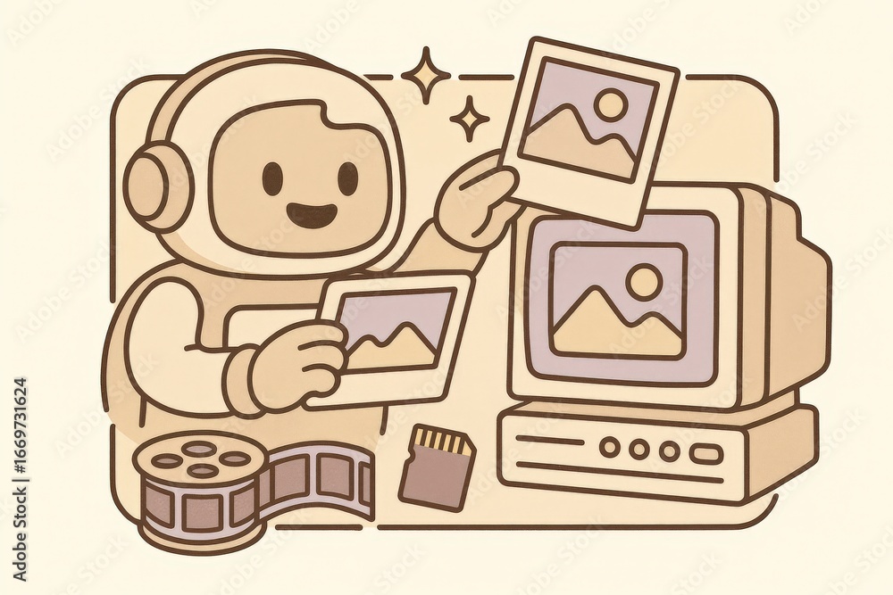 Poster creative astronaut engaging with photographs in a retro workspace emphasizing digital nostalgia invo