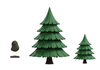 Isolated green evergreen fir pine trees set, forest clay models, 3D rendered cartoon style