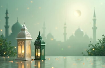 Islamic lanterns with glowing candles flank a blurred mosque silhouette. Ramadan Kareem greeting card design features Arabic tradition, geometric patterns, and golden bokeh lights.