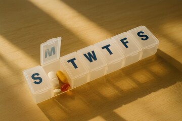 Weekly pill organizer with assorted tablets in an open compartment on wooden table, medication schedule and adherence concept.