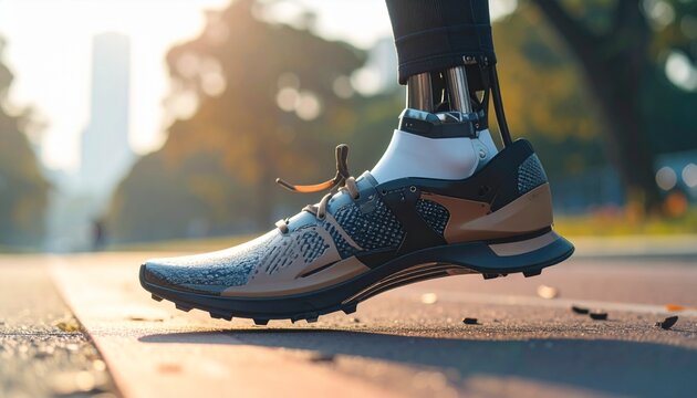 New Era in Motion: A cutting-edge prosthetic leg, complete with a stylish sneaker, takes a step forward on a sun-drenched urban path, symbolizing innovation, resilience. - Powered by Adobe
