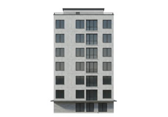 Isolated tall modern apartment building with many windows in urban cityscape view