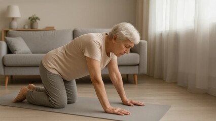 Elderly woman practicing gentle floor exercise on a yoga mat at home, stretching and strengthening for mobility and balance.