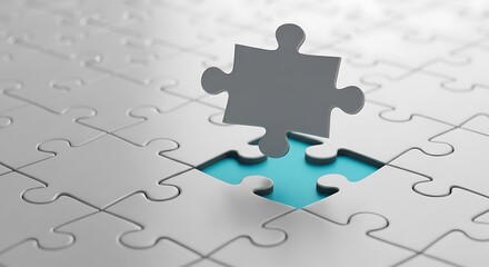 A light gray jigsaw puzzle piece sits perfectly in a teal-colored void, completing the larger puzzle.