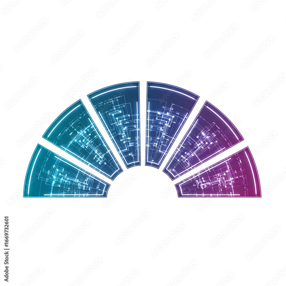 Poster vibrant segmented arc with glowing geometric patterns in a gradient of teal to purple isolated on tr