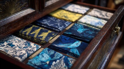 Colorful fabric swatches displayed in a wooden drawer showcasing intricate designs and patterns featuring birds and nature themes