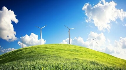 Green hilltop with wind turbines under a vibrant blue sky