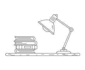 Minimalist desk lamp with stacked books vector illustration, simple hand-drawn line icon for education, marketing, bloggers, and study concepts.