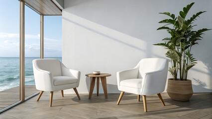 Ocean Calm – Minimalist Interior with White Armchairs and Natural Light by Coastal View, Wellness, Lifestyle, Modern Design, Conceptual, Tranquility, Nature-Inspired, Chair