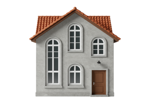 Isolated modern two-story home with brown-tile roof, cement facade, and arched windows and door