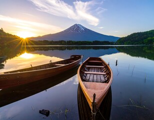 Fototapeta premium Serene sunrise over a mountain reflected in a calm lake with two wooden boats gently resting on the shore
