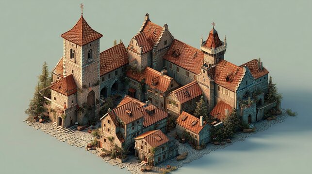 中世の建築のイメージ、シンプル3Dイラスト