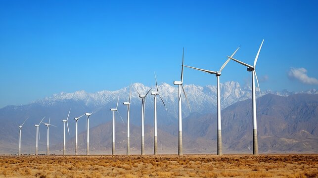 Wind turbines on a desert plain, mountains in the background