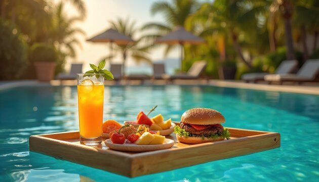 Floating tray with tropical juice, hamburger, fruits near swimming pool. Sophisticated resort vacation, summer relaxation by clear blue water. Enjoy luxury poolside breakfast meal, tropical paradise. - Powered by Adobe