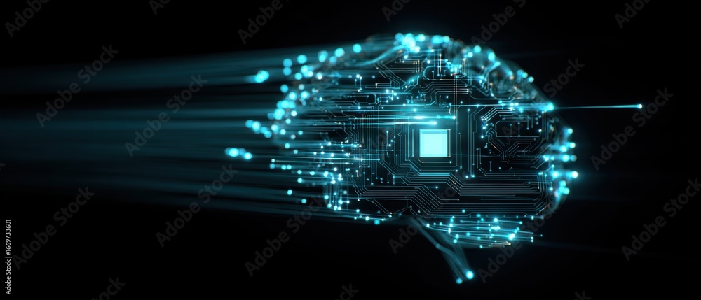 Poster the digital brain composed of circuitry and glowing neural network connections