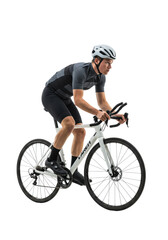 Naklejka premium Young caucasian man, athletic, pedaling sleek white road bike in neutral gear, aero helmet, transparent studio background, high-key lighting, embodying peak performance.
