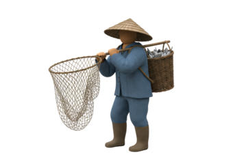 Isolated fisherman with net and basket full of fish on his back, traditional harvest method