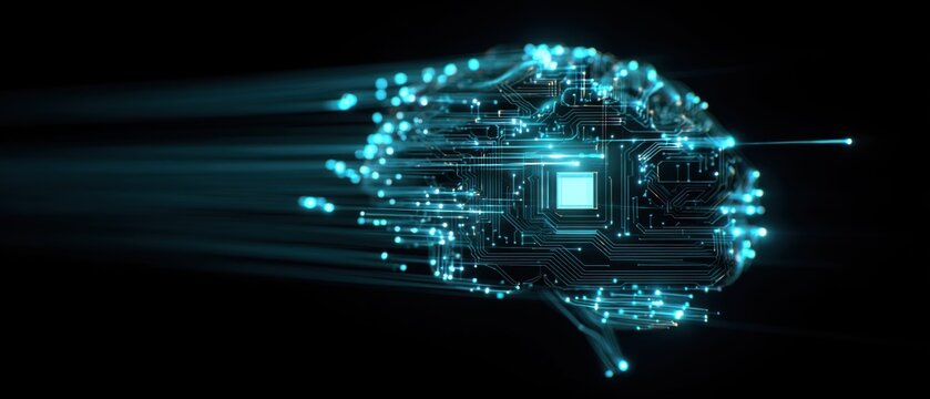 The Digital Brain Composed of Circuitry and Glowing Neural Network Connections