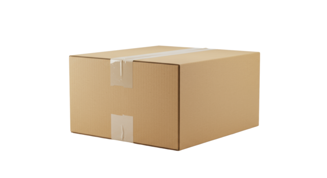 Pristine brown cardboard shipping box, perfectly sealed with clear tape, against an expansive transparent studio background with copy space, clean logistics concept