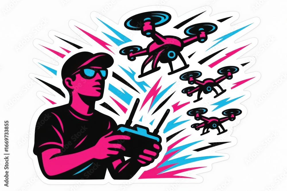 Poster enthusiastic pilot controlling multiple drones in an electrifying composition showcasing dynamic ene