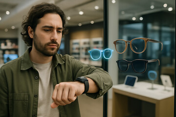 Man Using a Smartwatch to View a Holographic Glasses Selection

