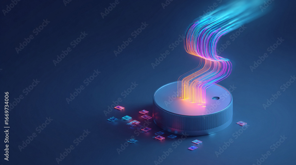 Poster abstract tech visualization. data streams from a core, representing connection, innovation, or digit