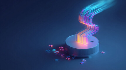 Abstract tech visualization. Data streams from a core, representing connection, innovation, or digital transformation. Great for science, technology, or business concepts.