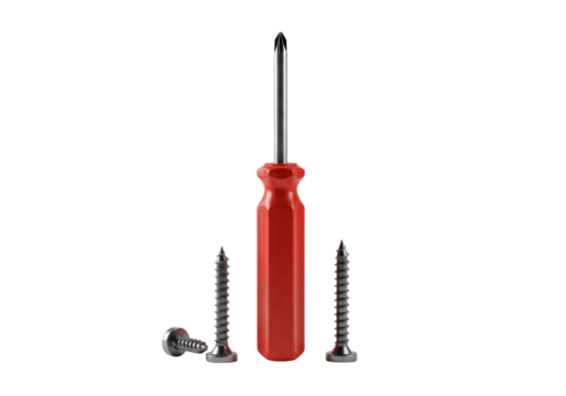 Isolated red screwdriver with metal Phillips head and several screws on a neutral surface