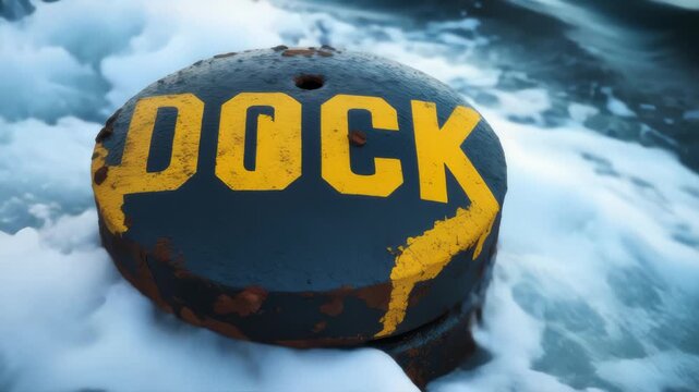 Weathered Dock Post with Yellow DOCK Lettering and Choppy Water