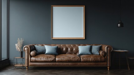 Dark, sophisticated living room with leather couch and framed artwork