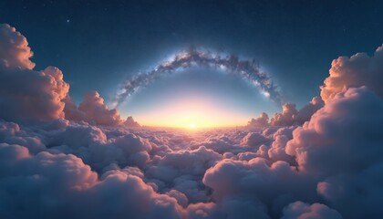 Serene night sky panorama features puffy clouds, low moon, Milky Way. Starry expanse creates dusky blue gradient with soft white clouds. Gentle movement, atmospheric perspective create dreamy,