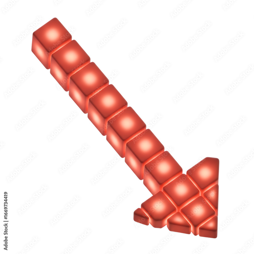 Poster glowing red pixelated arrow icon pointing down and to the left against a black backdrop isolated on 