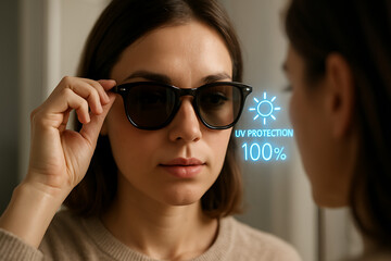 Woman Checking UV Protection of Sunglasses with a Holographic Display