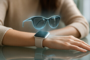 Hand with a Smartwatch Projecting a Holographic Pair of Sunglasses

